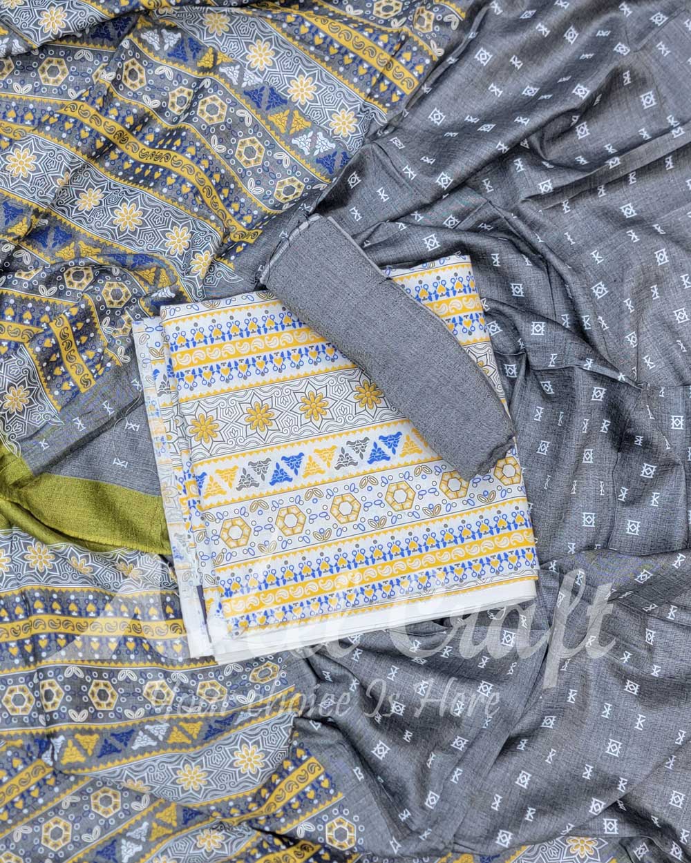 Unstitched Screen Print Three Piece